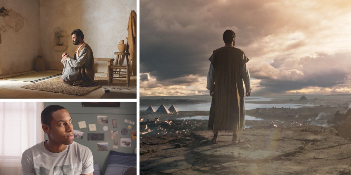 Collage med höjdpunkter från fredagens program:1. Jesus sitter och ber inomhus. 2. Jesus ser ut över världens alla riken från ett högt berg. 3. En ung nutida man sitter och begrundar på sitt rum.