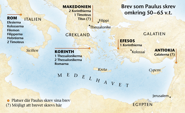 Karta över platser där Paulus skrev sina brev