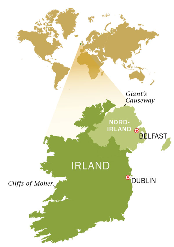En karta över republiken Irland och Nordirland.
