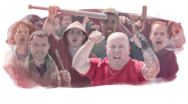 En grupp arga människor.