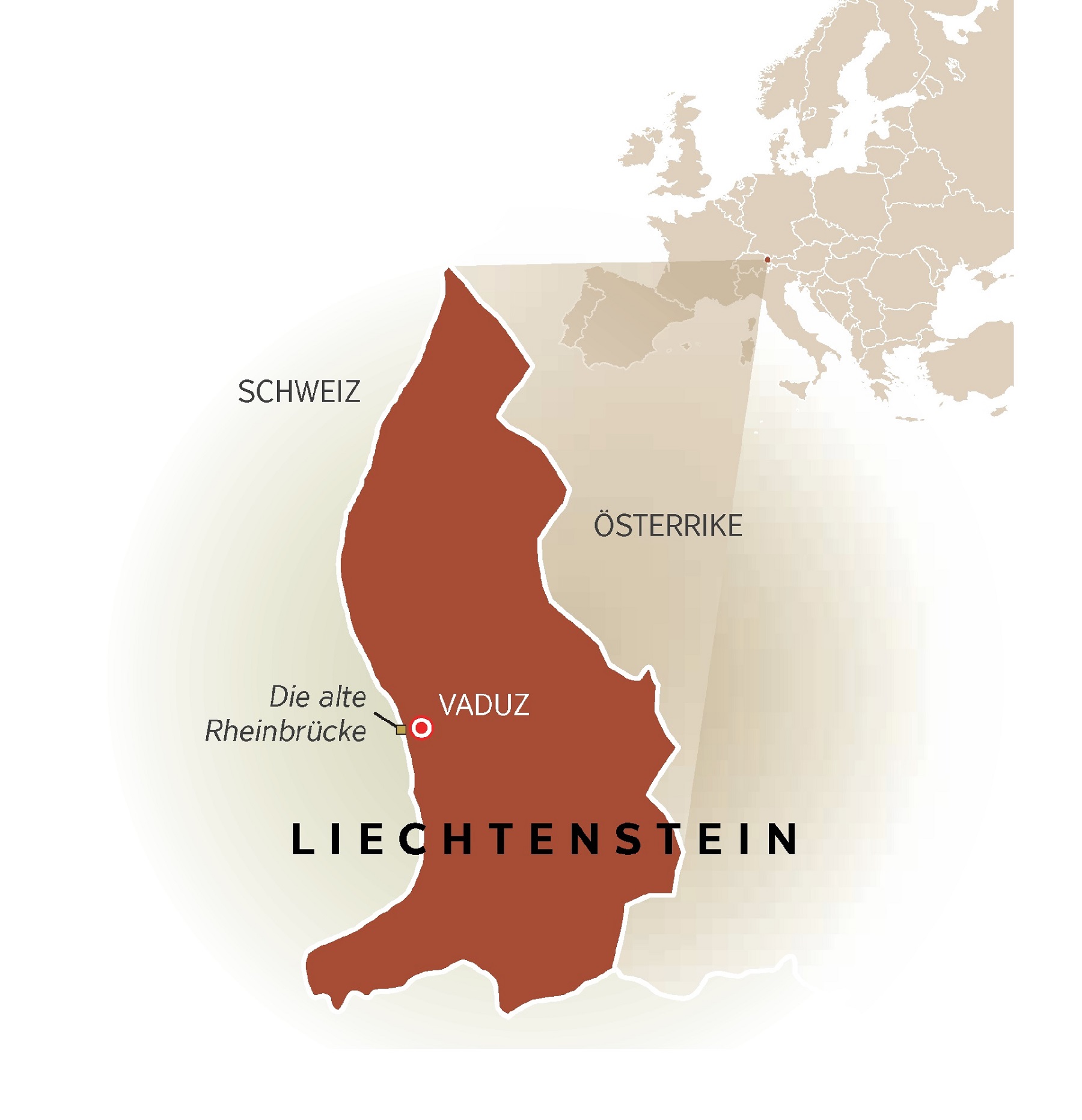 En karta visar Liechtensteins gränser mot Schweiz och Österrike.