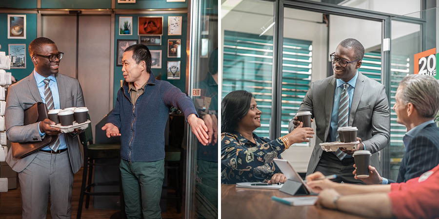 Bildserie: 1. En asiatisk man håller upp dörren för en färgad man som bär en bricka med kaffekoppar. 2. Samme färgade man bjuder sina arbetskamrater på kaffe, bland annat den indiska kvinnan från en tidigare bild.