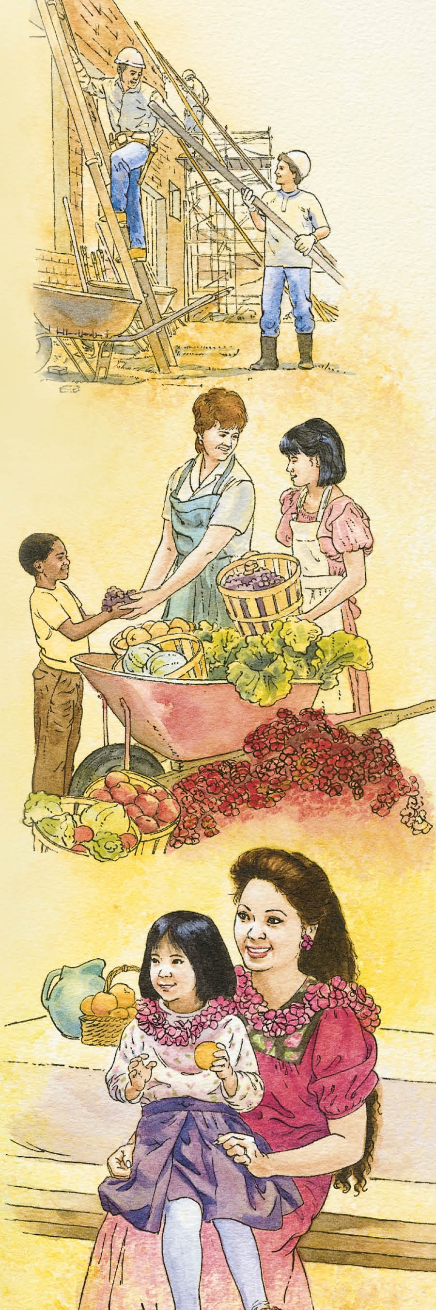 I paradiset där några bygger hus, andra skördar frukt och grönsaker och en mamma håller sin dotter.