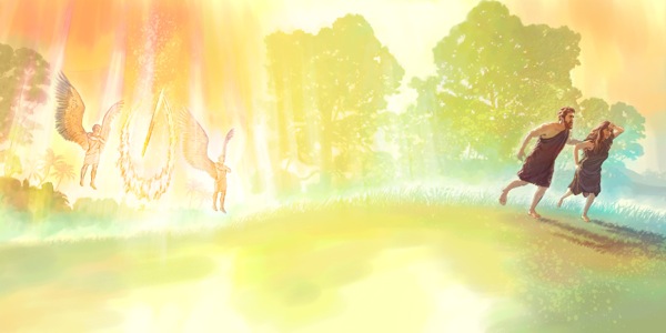 Keruber vaktar Edens trädgård medan Adam och Eva blir utdrivna