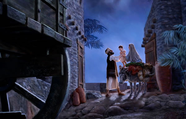 I skydd av mörkret överlämnar Josef lille Jesus till Maria medan de förbereder sig för att ge sig av