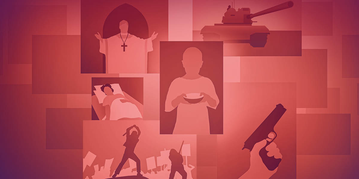 Collage: Händelser som visar att de sista dagarna pågår nu. 1. En präst ger sin välsignelse. 2. Ett militärfordon. 3. En sjuk person ligger i sängen. 4. Ett hungrigt barn håller fram en tom skål. 5. Arga människor gör uppror. 6. Någon håller fram ett vapen.