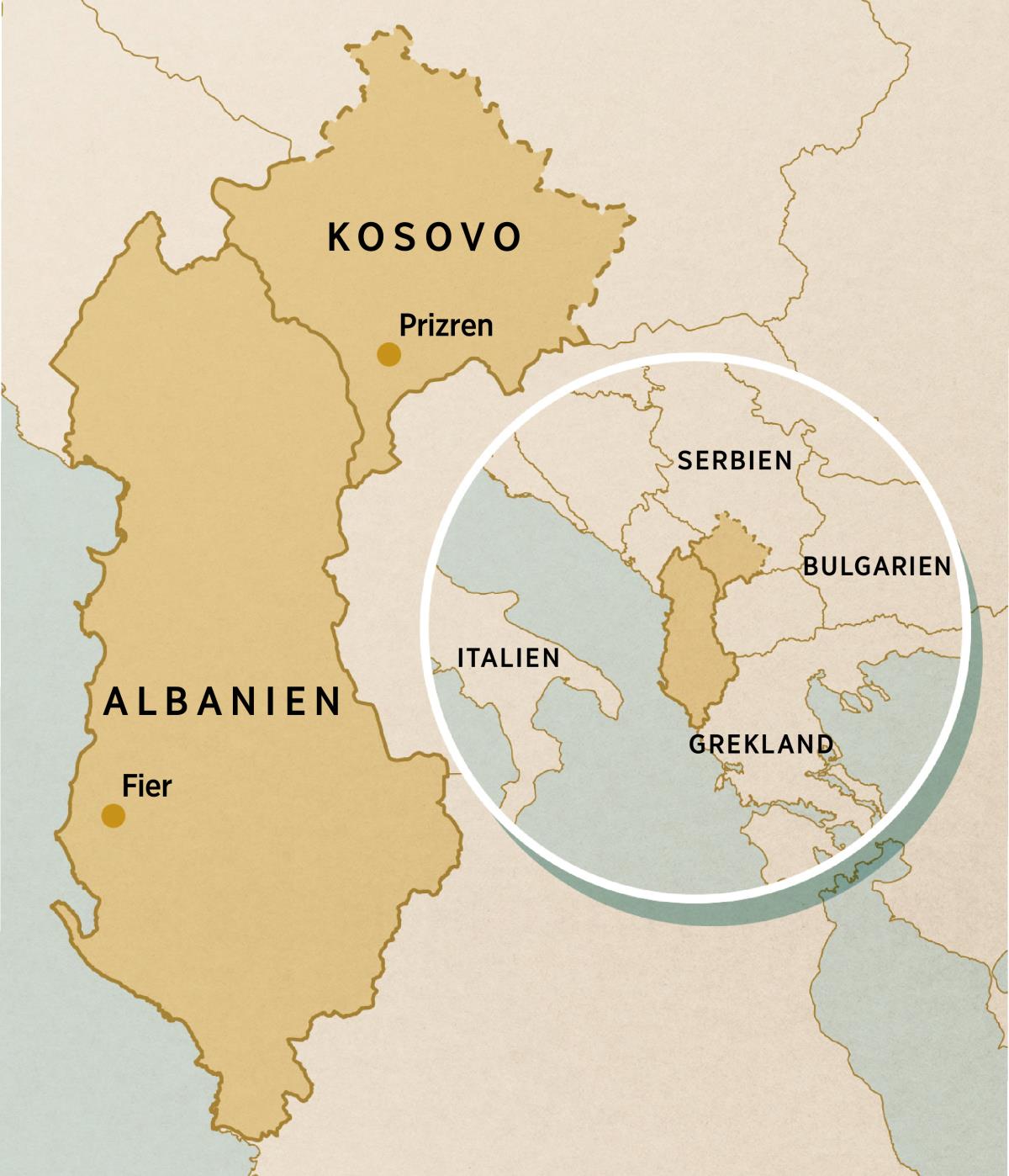 En karta över Kosovo (pricken visar Prizren) och Albanien (pricken visar Fier). Den inklippta bilden visar grannländer, däribland Italien, Serbien, Bulgarien och Grekland.
