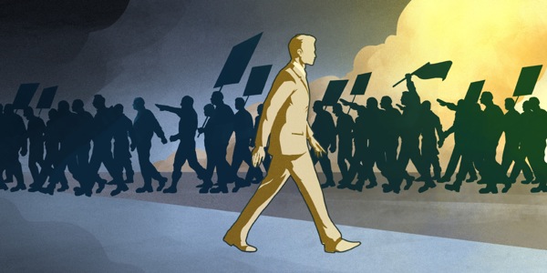 Ett Jehovas vittne går bort från en arg grupp politiska demonstranter.