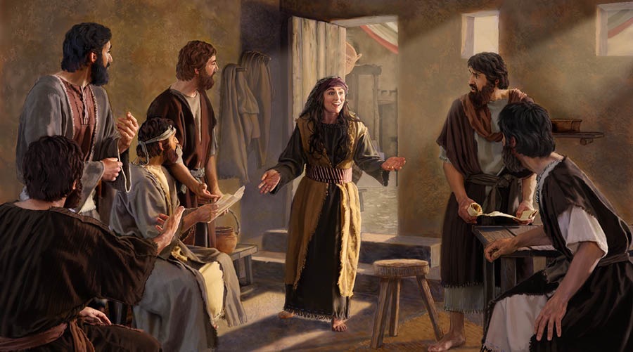 Maria Magdalena kommer inspringande och berättar för apostlarna och lärjungarna att hon har sett Herren.