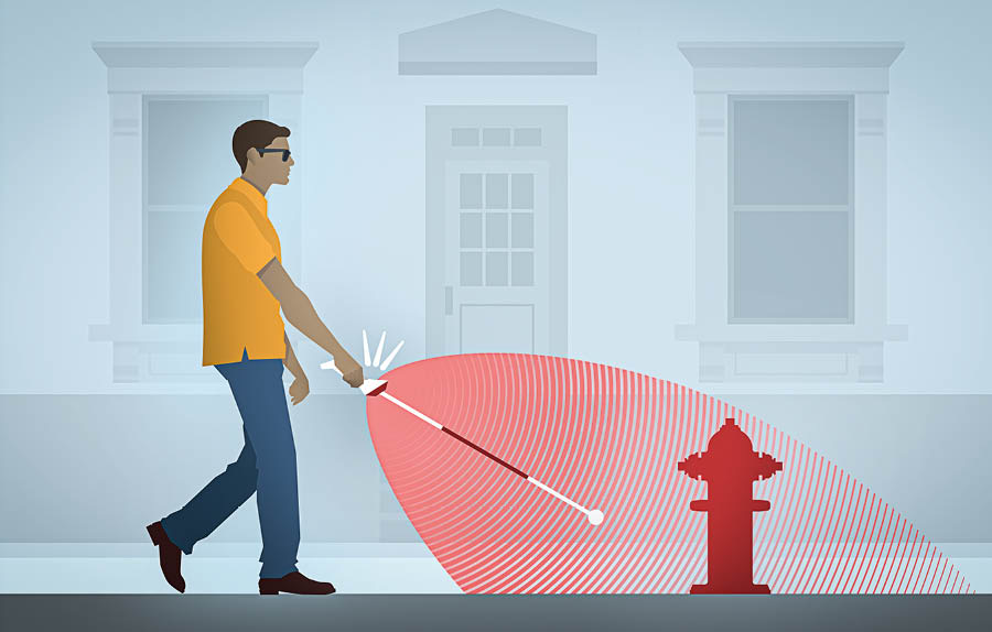 En blind man går med en elektronisk käpp. Käppens ekolokalisering informerar honom om en brandpost på trottoaren.