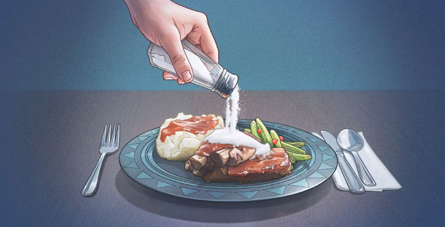 Någon häller massor av salt på sin mat
