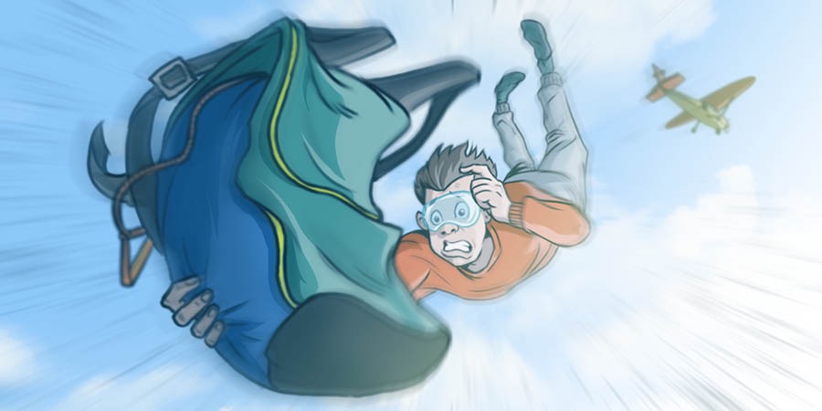 En kille hoppar från ett flygplan och sträcker sig efter en fallskärm.