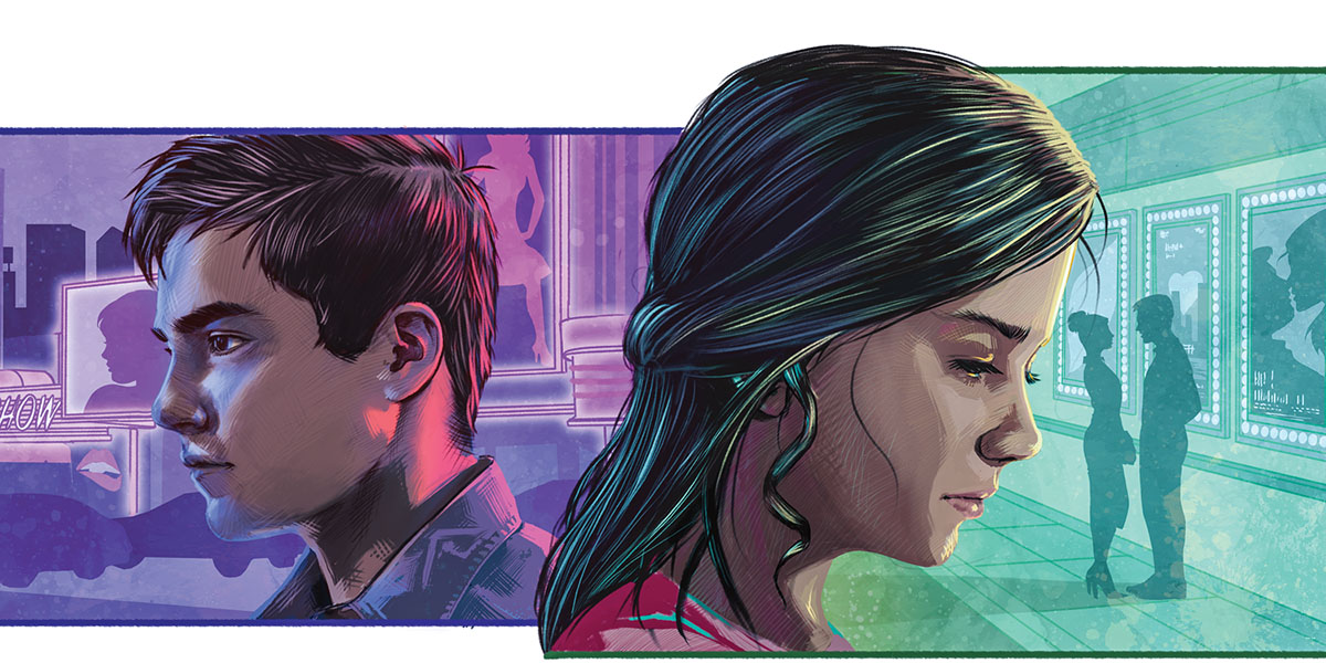 En tonårskille är omgiven av sexuellt laddad reklam. En tonårstjej ser ett par utanför en biograf som visar romantiska filmer.