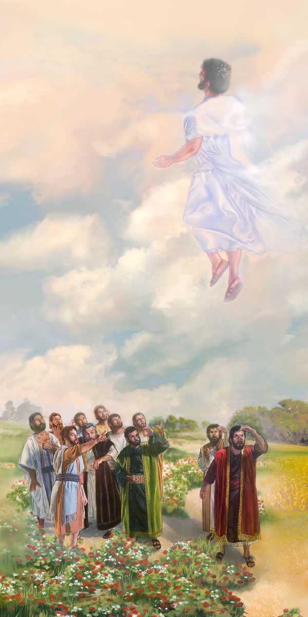 Jesus stiger upp till himlen och hans apostlar ser på