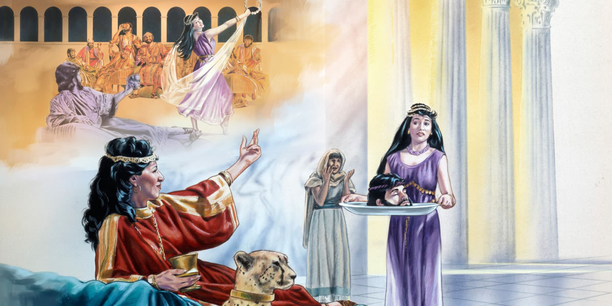 1. Salome dansar på Herodes födelsedagsfest; 2. Salome går fram till Herodias med Johannes döparens huvud på ett fat