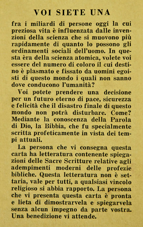 Ett vittnesbördskort på italienska.