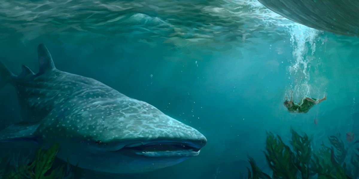 Jona sjunker ner i havet framför en stor fisk