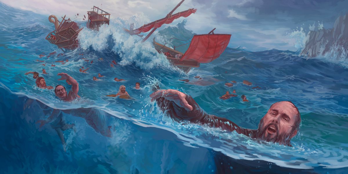 Paulus och de andra simmar eller flyter med vrakbitar vid Maltas kust