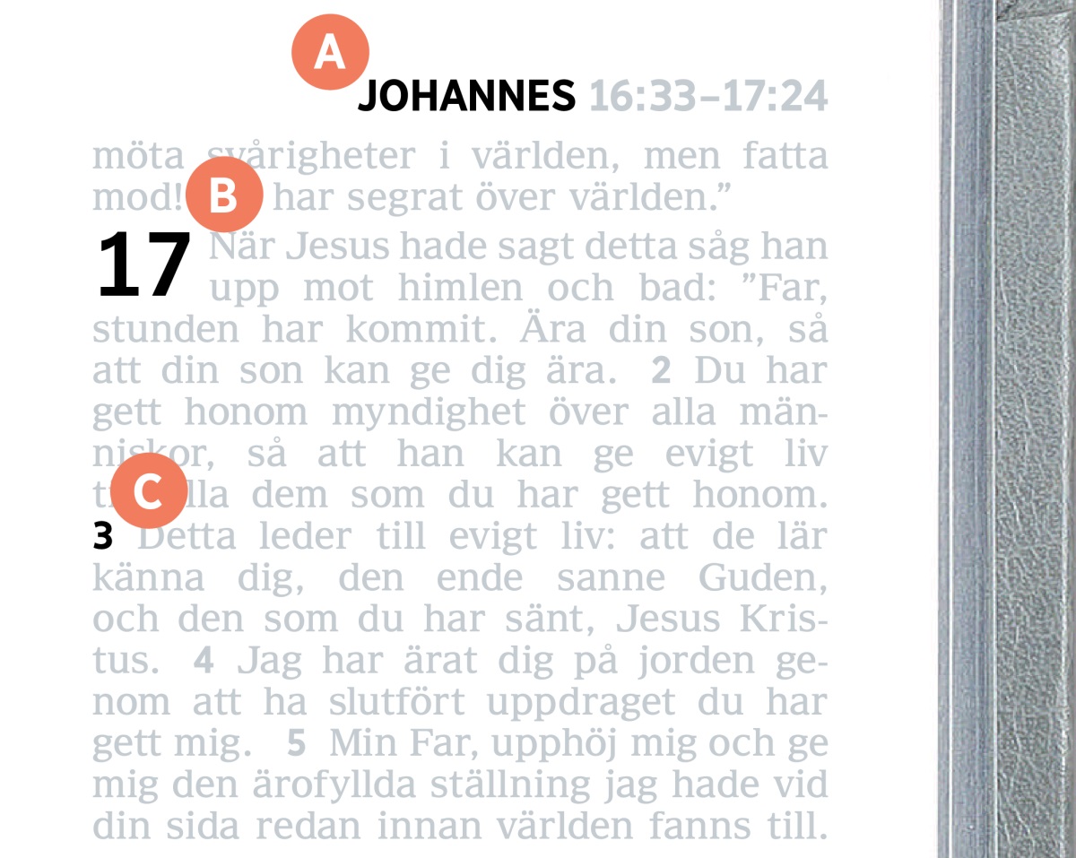 En bild av inslag A, B och C på en sida i Bibeln.