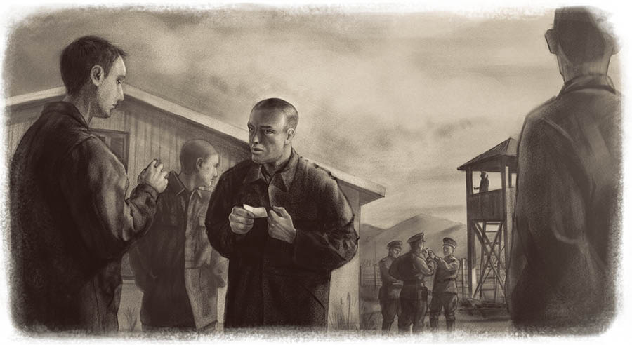 Bröder i ett arbetsläger pratar tyst om bibelställen de skrivit ner på små lappar.