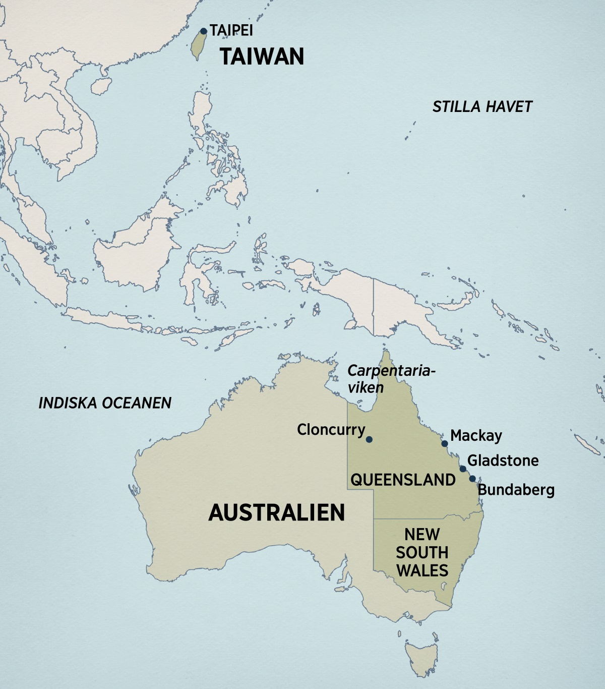 En karta över Australien och östra Asien. På kartan är platser utmärka där Terry har bott och förkunnat, bland annat: Taipei i Taiwan; Carpentariaviken, Cloncurry, Mackay, Gladstone och Bundaberg i Queensland i Australien; New South Wales i Australien.