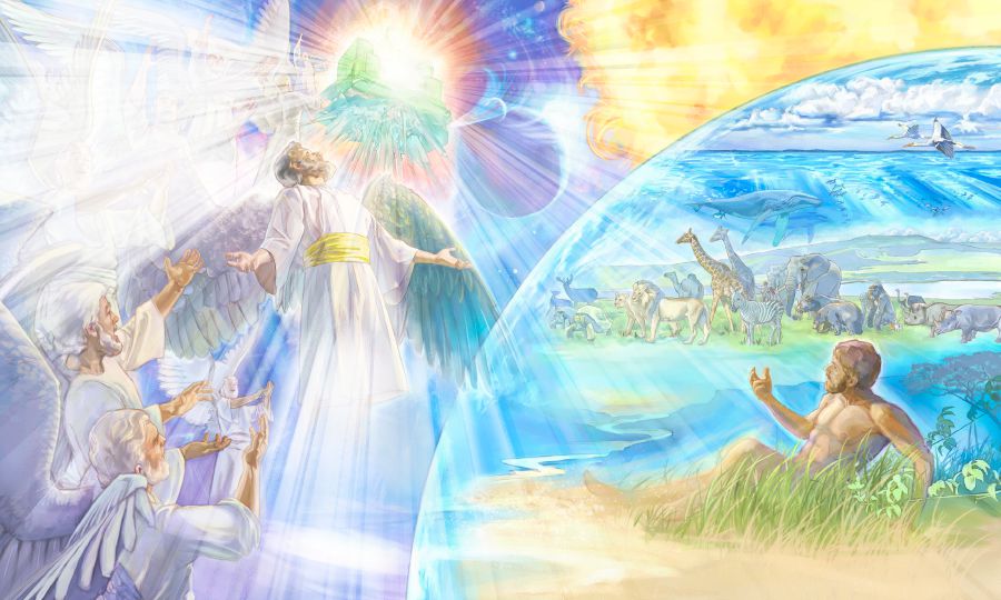 Jehova blickar ut över sina himmelska och jordiska skapelser.