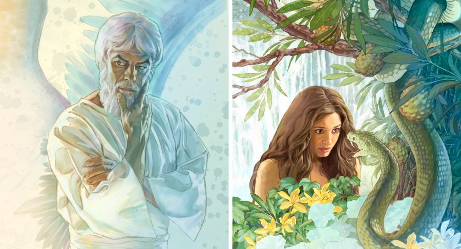 Den onda ängeln, Satan djävulen, använder en orm för att prata med Eva.