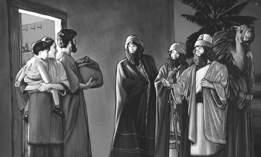 Astrologer kommer med gåvor till Jesus och hans familj