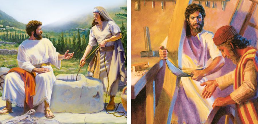 Jesus pratar med den samariska kvinnan vid brunnen; Jesus arbetar som snickare