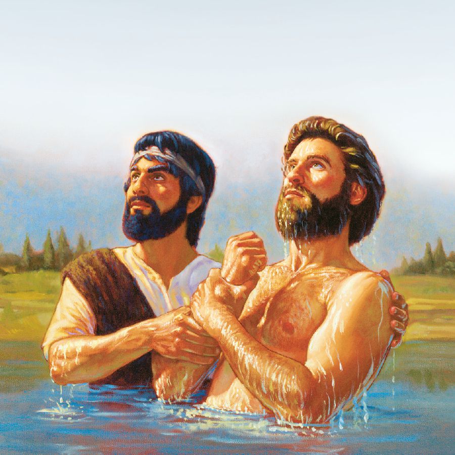 Jesus kommer upp ur vattnet när Johannes döparen döper honom