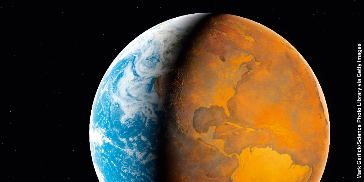 Planeten jorden från rymden. Halva jorden ser frisk ut medan andra halvan ser förstörd ut.