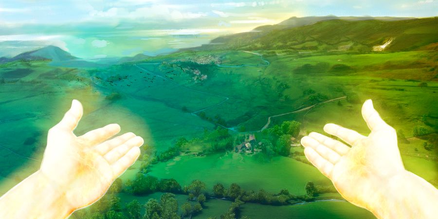 Händer från himlen sträcks ut över paradiset