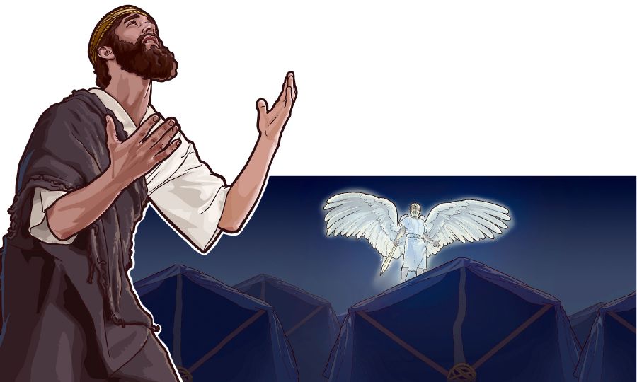 Hiskia ber och en ängel har ett svärd i handen