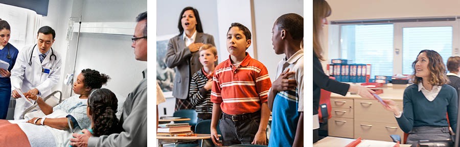 En syster ligger i en sjukhussäng och pratar med en läkare; en pojke som är vittne hälsar inte flaggan i skolan; en syster får en inbjudan till en firmafest.