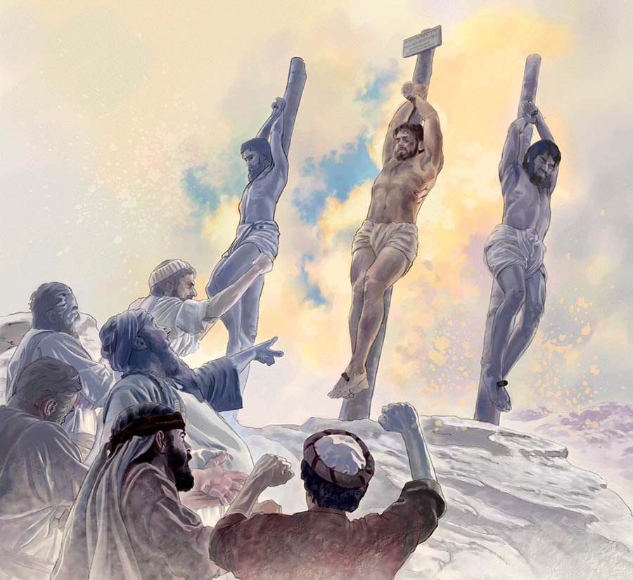 Folk hånar Jesus, som hänger på pålen.