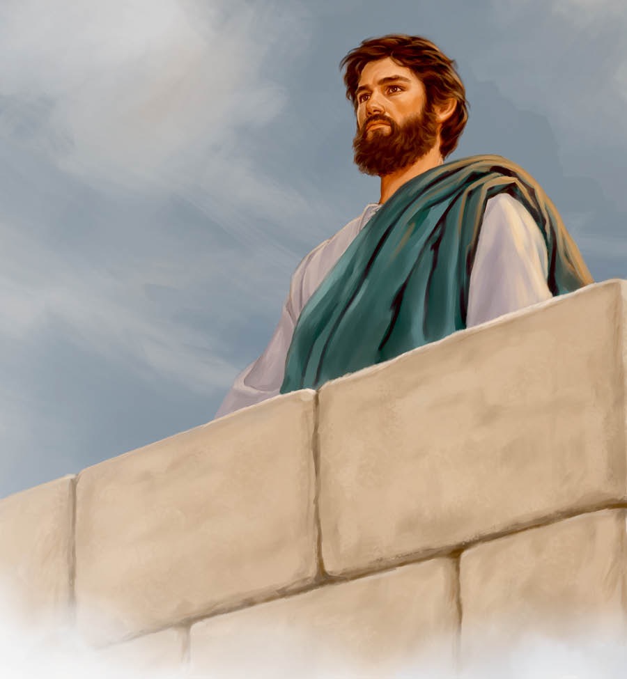 Jesus står på tempelmurens högsta punkt.