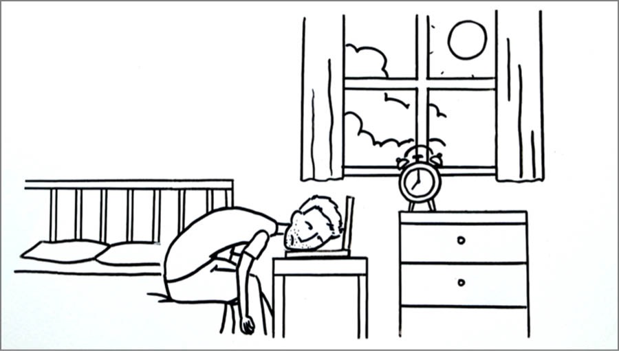 En kille som hållit på med sociala medier till sena natten har svårt att komma upp på morgonen.