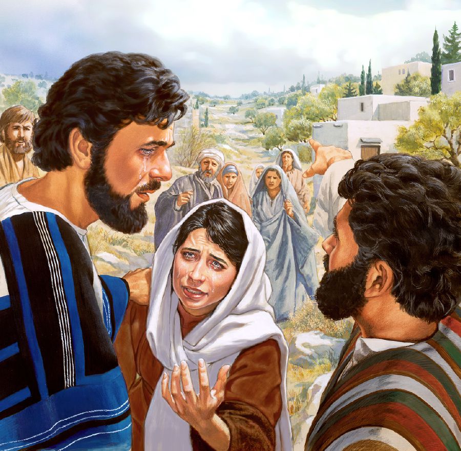 Jesus tröstar Maria medan andra ser på.