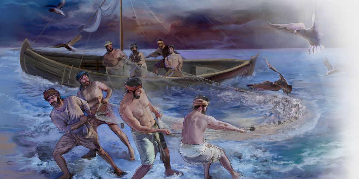 Jesus lärjungar drar upp ett nät fullt av fisk på stranden.