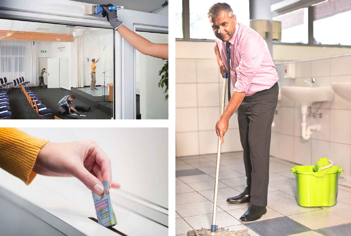 Bröder och systrar gör underhåll på Rikets sal, städar en toalett och ger bidrag.