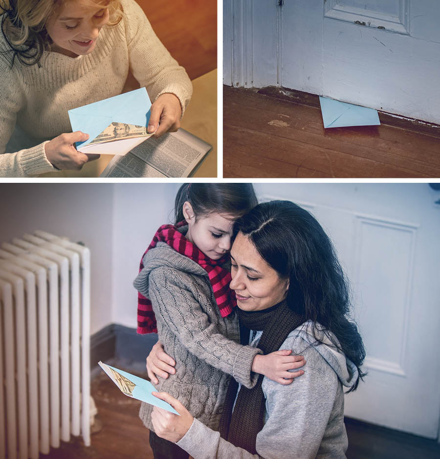 Collage: Jehova tar hand om sina tjänares materiella behov. 1. En syster lägger pengar i ett kuvert. 2. Kuvertet har stuckits in under en dörr. 3. En ensamstående mamma kramar om sin dotter och tittar på pengarna i kuvertet.