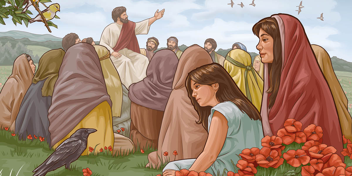 En mamma och hennes dotter tittar på fåglar och blommor medan de lyssnar på Jesus bergspredikan.