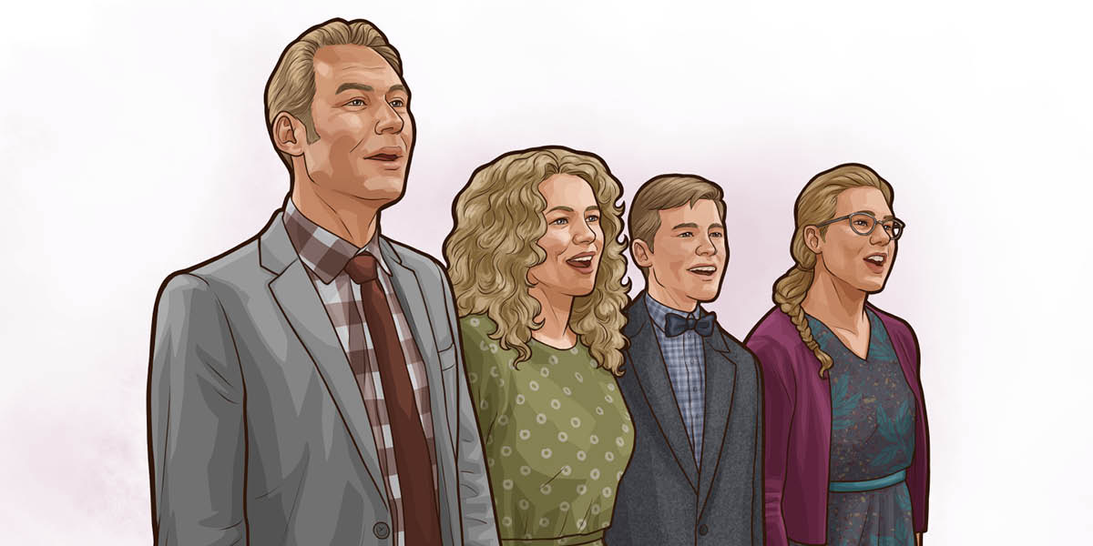 En familj sjunger tillsammans på ett möte.