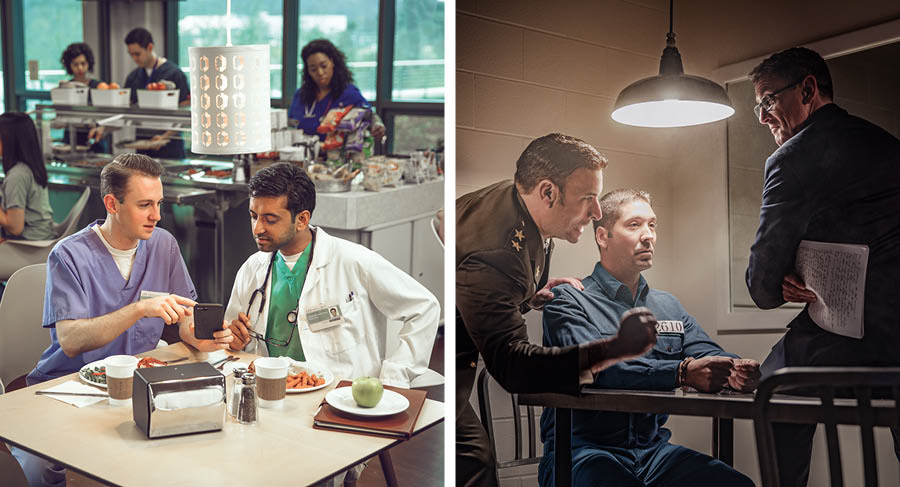 Collage: 1. En broder vittnar för en arbetskamrat på lunchrasten. 2. En broder är lojal under ett polisförhör.