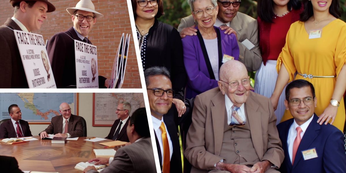 Scener från videon ”Jehova glömmer inte”. Collage: 1. En arrangerad bild som föreställer David Hibshman och Aubrey Bivens som går med plakat på en gata i Kentucky och annonserar broder Joseph Rutherfords tal ”Se fakta i ögonen”. 2. Broder Hibshman tillsammans med andra bröder i avdelningskontorets kommitté i Guatemala. 3. Broder Hibshman tillsammans med bröder och systrar vid en sammankomst.