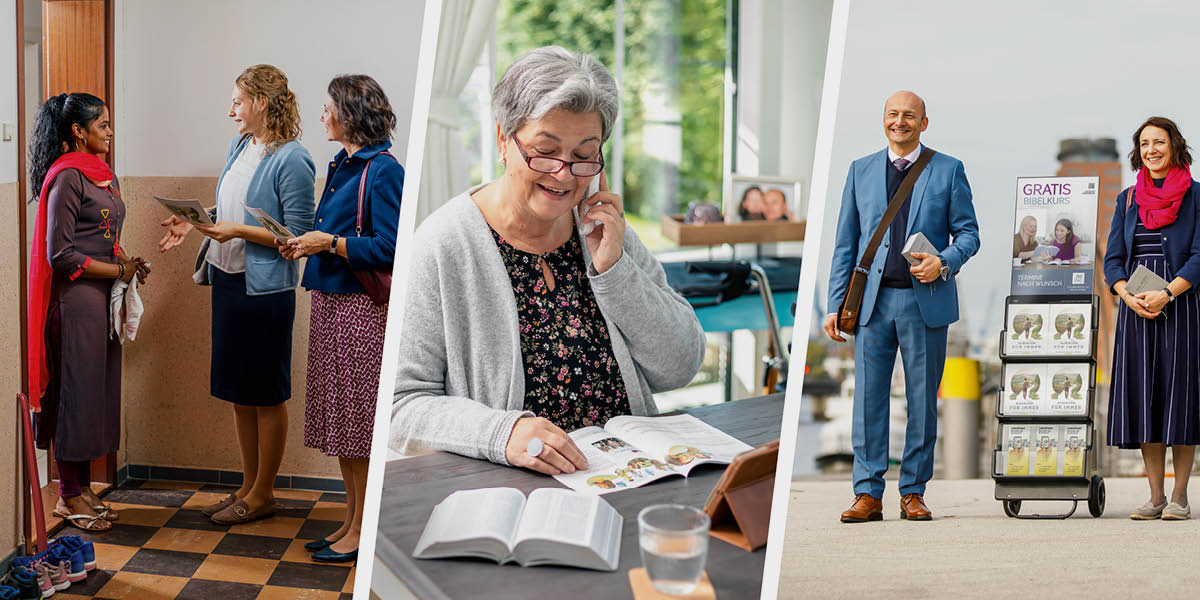 Collage: Familjen som är på bild i artikeln ”Sätt upp mål för det nya tjänsteåret – Pionjärtjänst” vittnar för andra. 1. Den unga systern och hennes mamma visar broschyren ”Ett hopp om en ljus framtid” för en kvinna som står i dörröppningen till sin lägenhet. 2. Mormodern använder broschyren ”Ett hopp om en ljus framtid” när hon leder en bibelkurs via telefon. 3. Pappan och mamman står på var sin sida om en litteraturvagn som är laddad med broschyrer och en skylt om vår kostnadsfria bibelkurs.