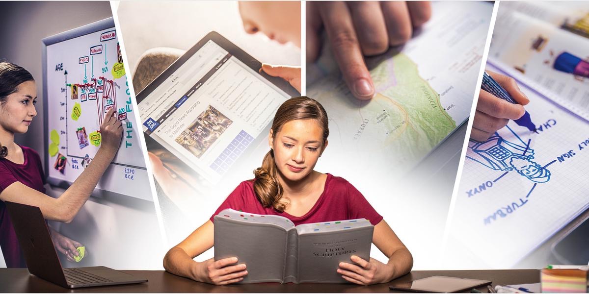 Collage: En ung syster sitter och läser och studerar Bibeln. 1. Hon placerar in bibliska personer på en tidslinje. 2. Hon läser studiebibeln på jw.org. 3. Hon tittar på en karta över Bibelns länder. 4. Hon ritar en teckning av översteprästen och skriver ut vad kläderna kallas.