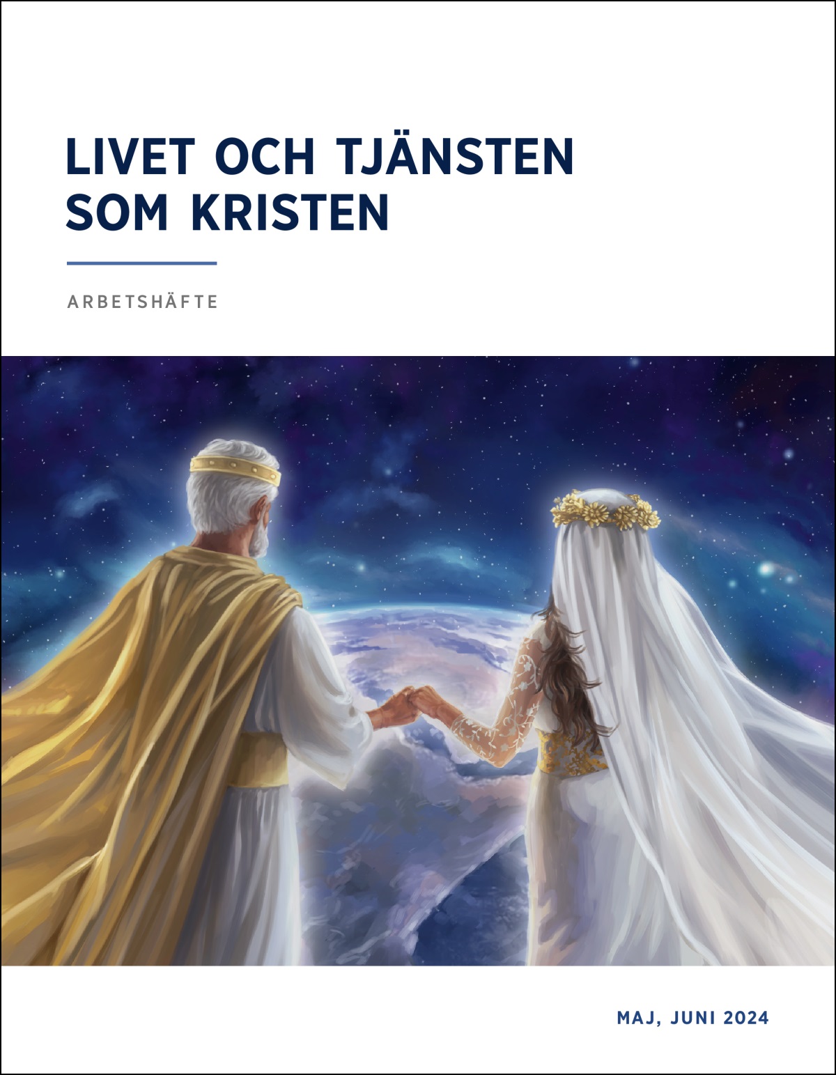 Jesus och hans symboliska brud håller varandra i handen och tittar ner mot jorden från himlen.
