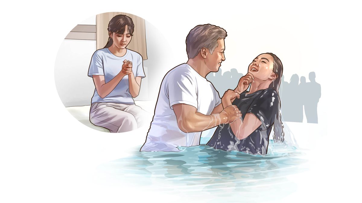 Collage: 1. En ung kvinna ber. 2. Hon blir döpt.