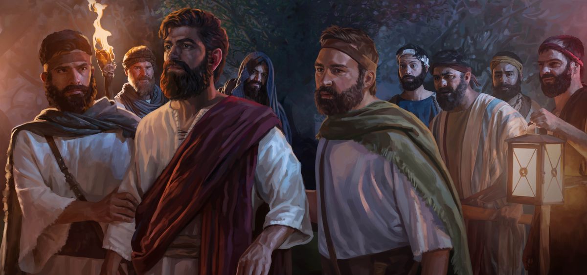 Vakter tillfångatar Jesus i Getsemane trädgård.